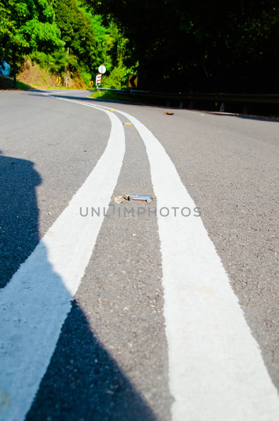 Empty road with reflectors in tropic forest by Vanzyst