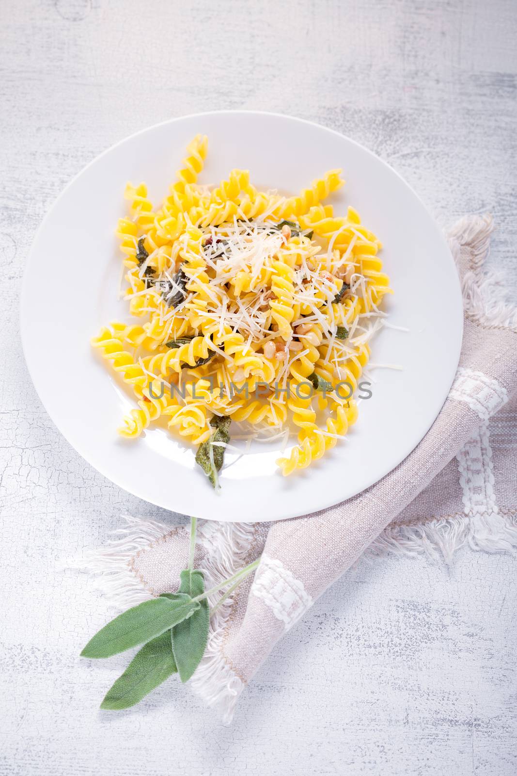 Fusilli pasta with sage and pine nuts. Gluten free. Flour from rice and corn flour