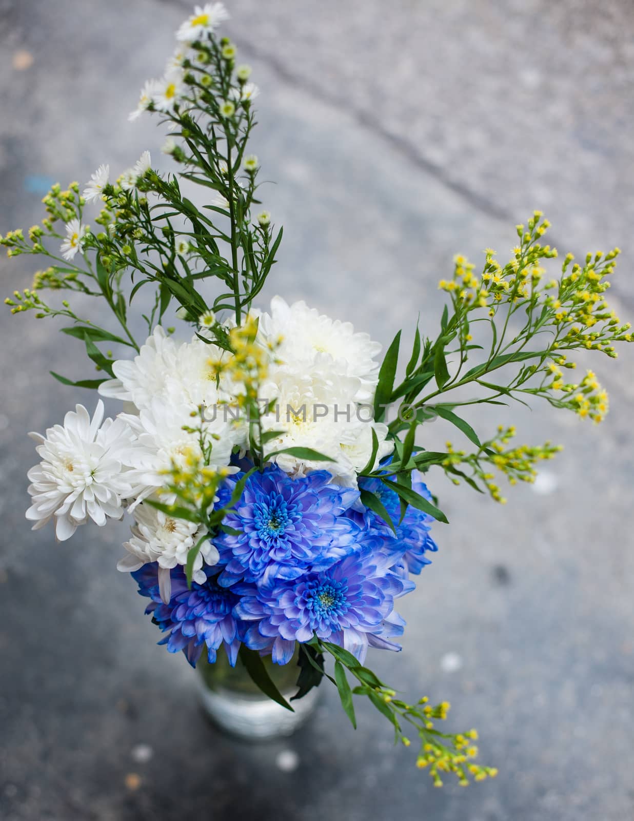 A simple bouquet of flowers in a vase on the pavement by Vanzyst