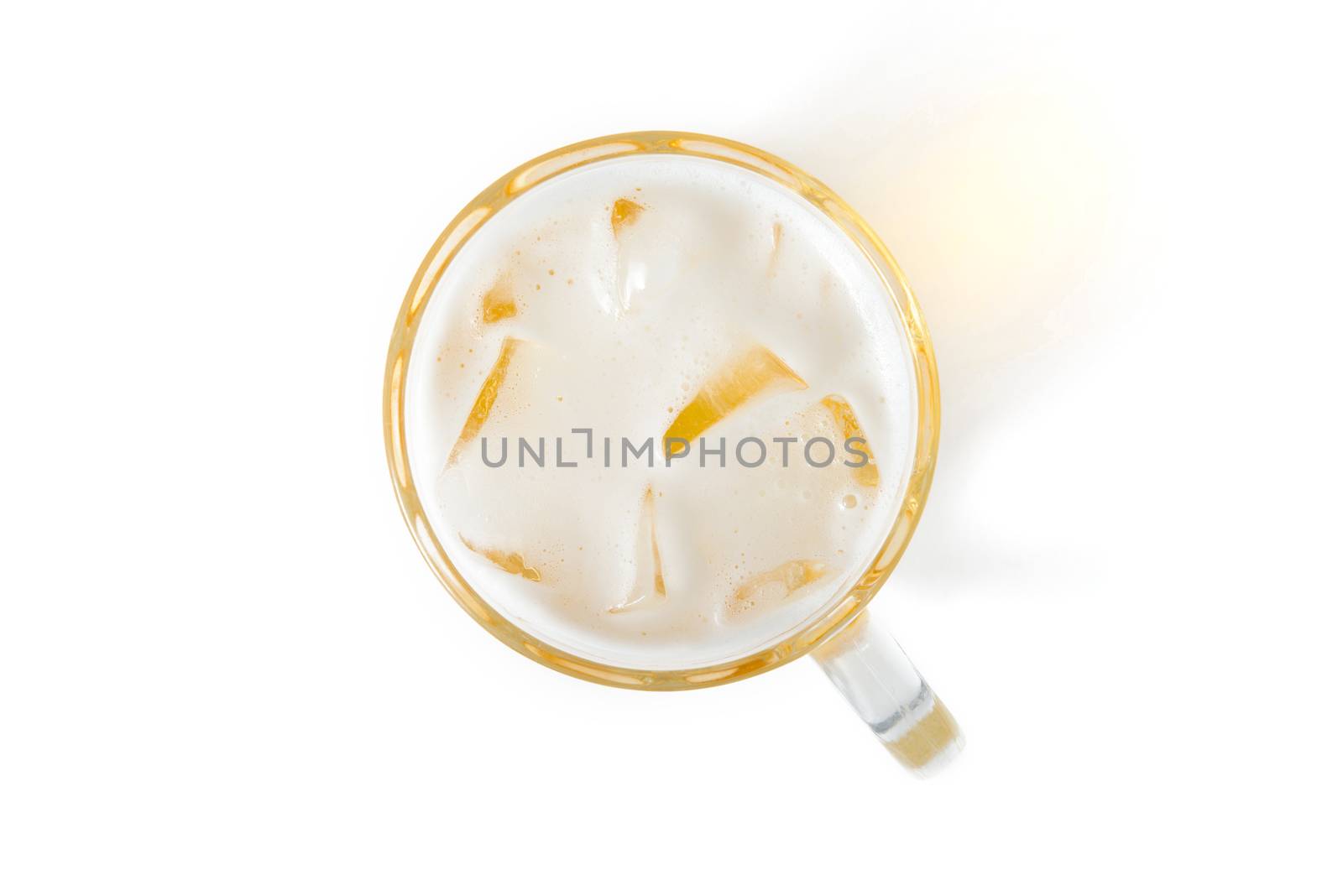 top view of glass beer with iced isolated on white