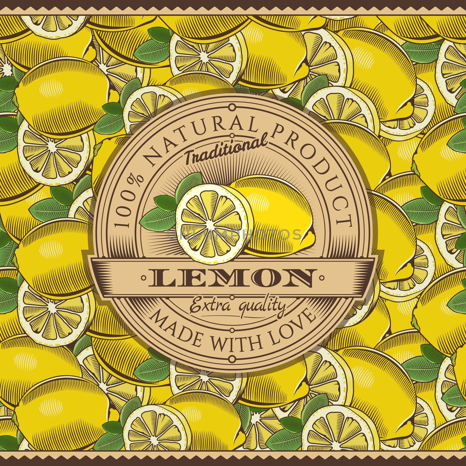 Vintage Lemon Label On Seamless Pattern by ConceptCafe