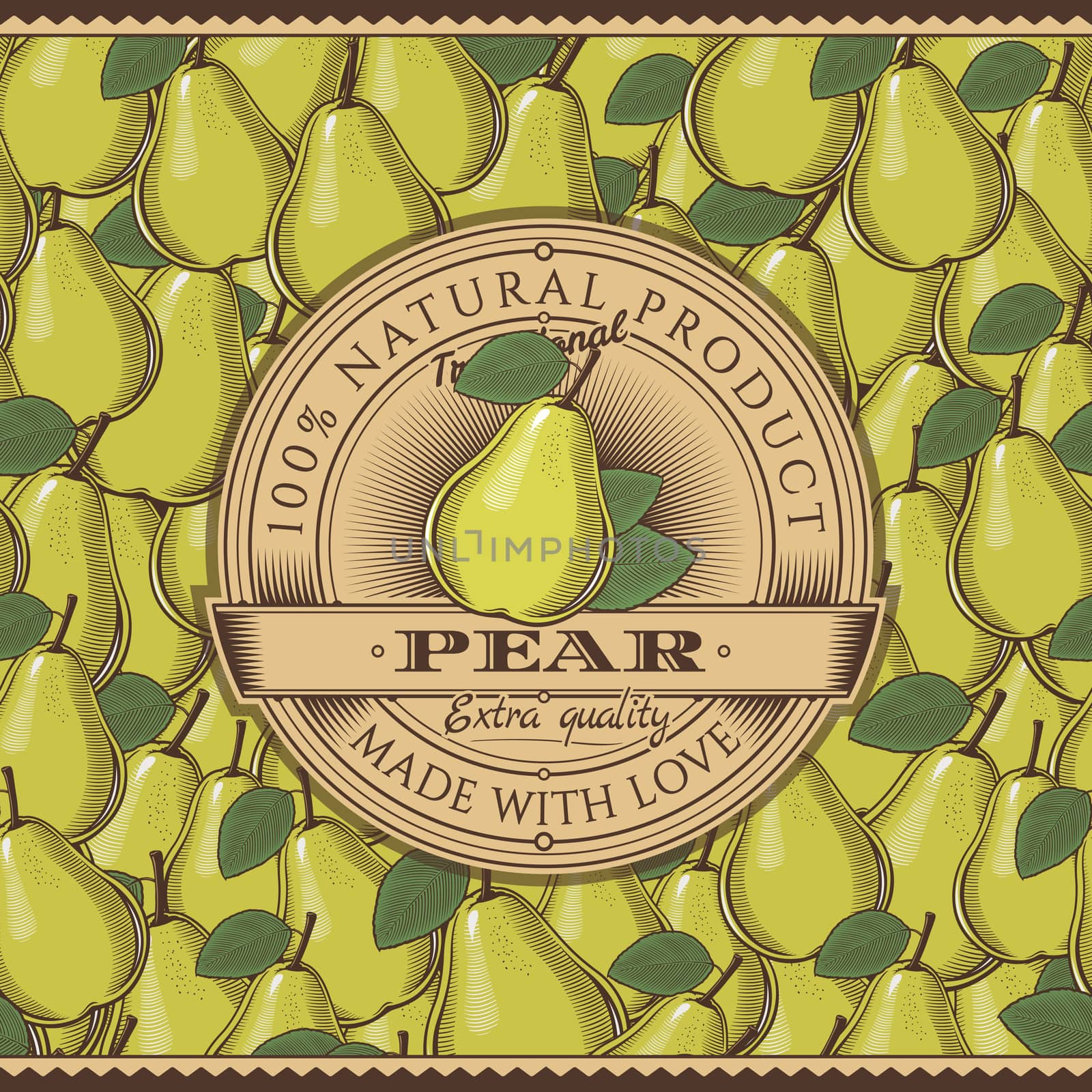 Vintage Pear Label On Seamless Pattern by ConceptCafe
