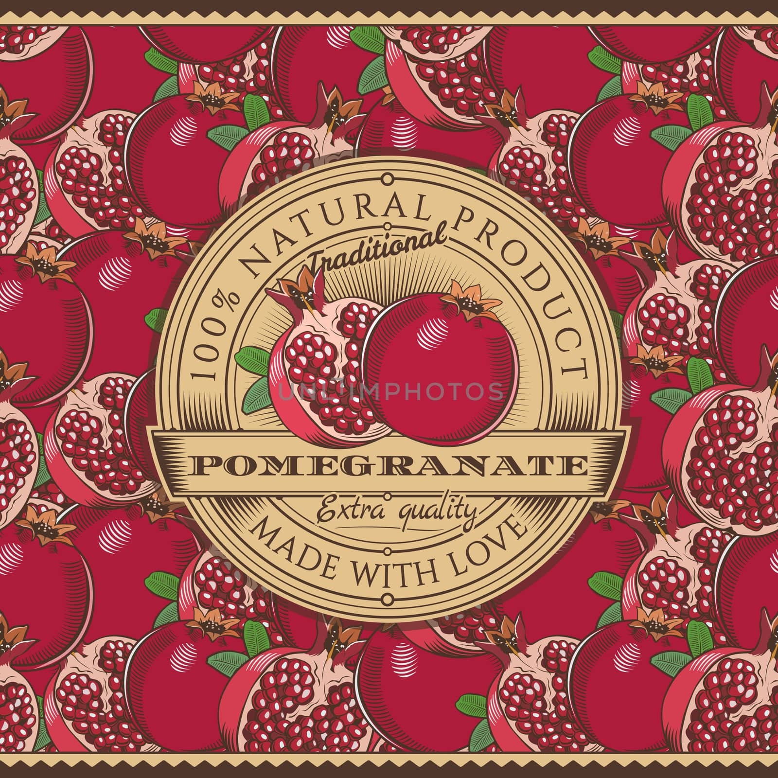 Vintage Pomegranate Label On Seamless Pattern by ConceptCafe