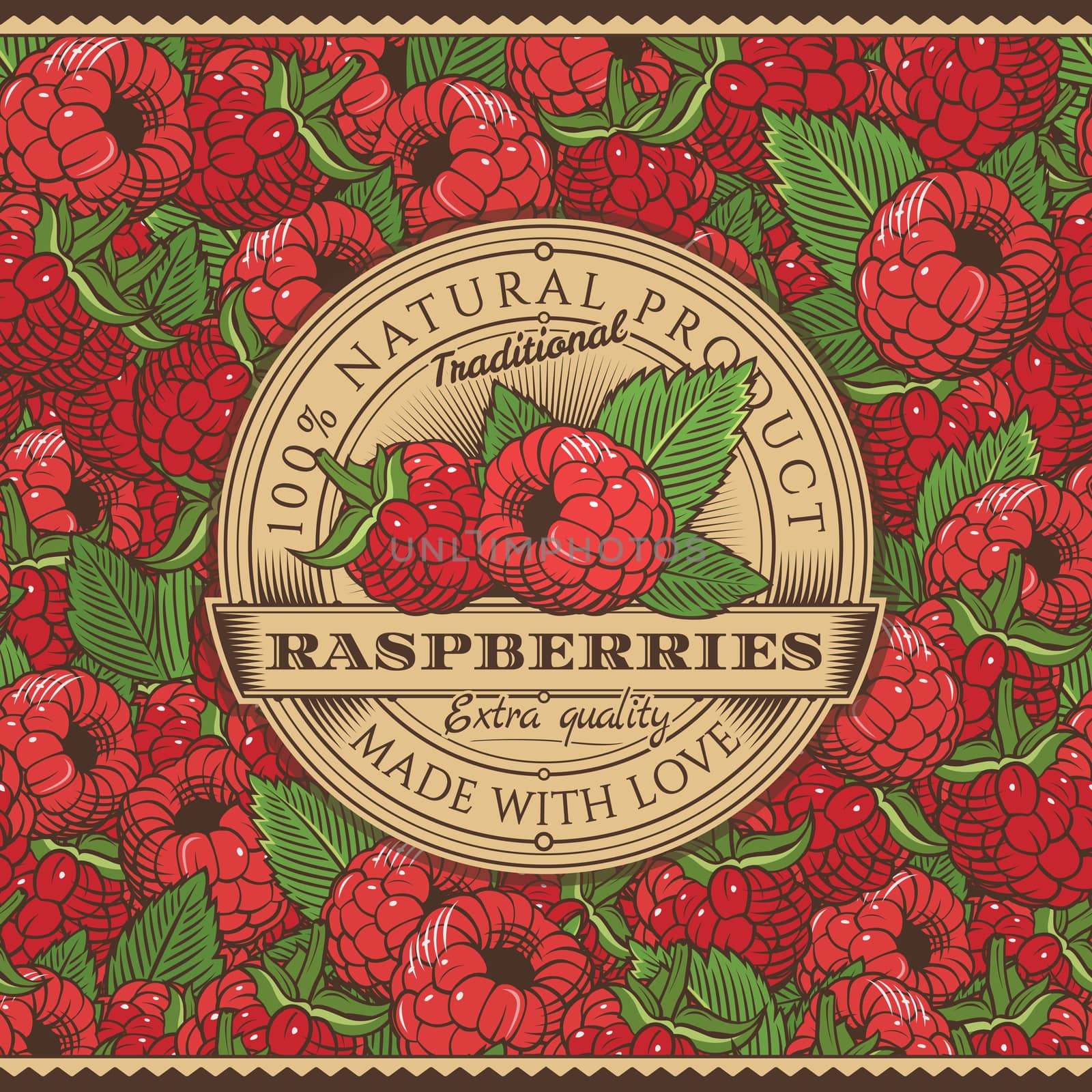 Vintage Raspberries Label On Seamless Pattern by ConceptCafe