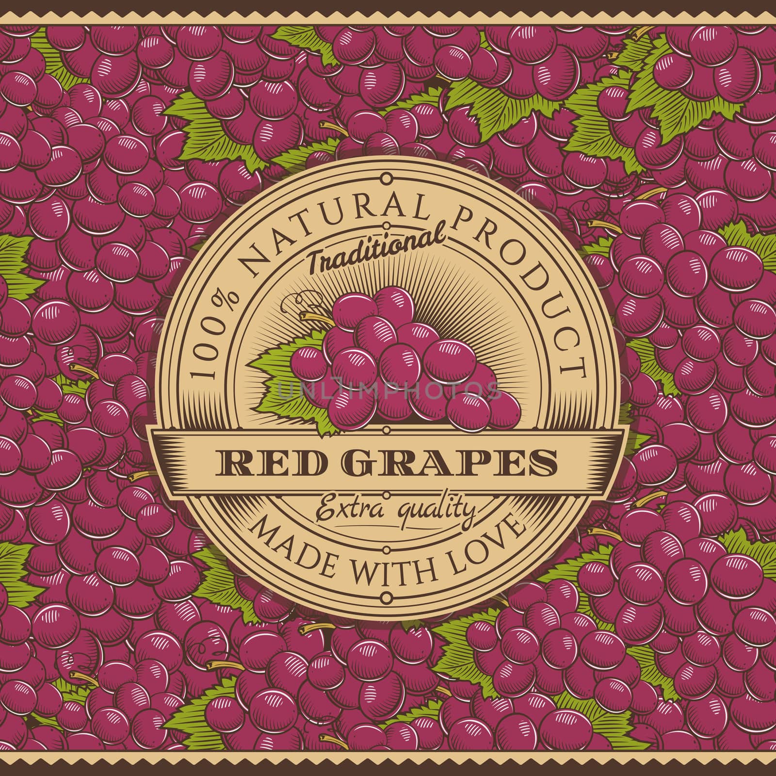 Vintage Red Grapes Label On Seamless Pattern by ConceptCafe