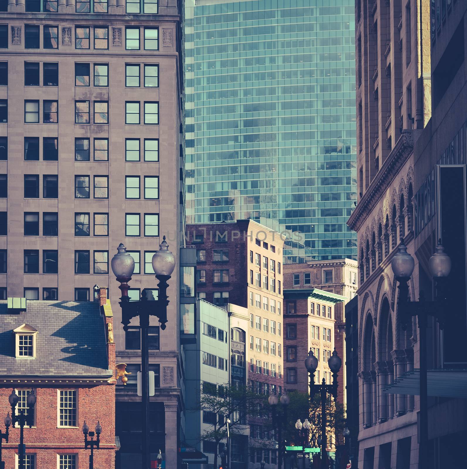 Retro Style Busy Crowded Downtown Street Scene In Boston, USA