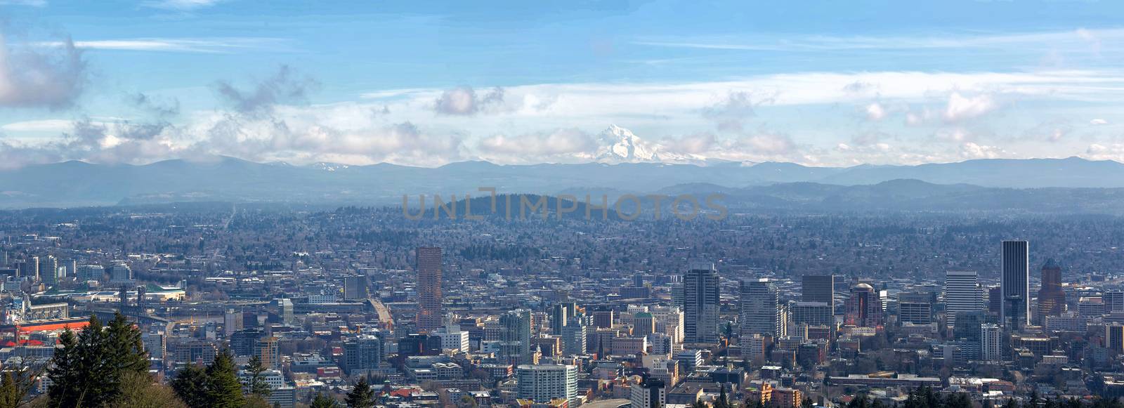 Portland Oregon downtown cityscape with Mt Hood on a beautiful sunny day scenic view panorama