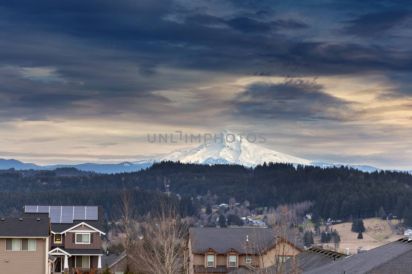 Luxury neighborhood suburban homes with Mount Hood view in Happy Valley Oregon