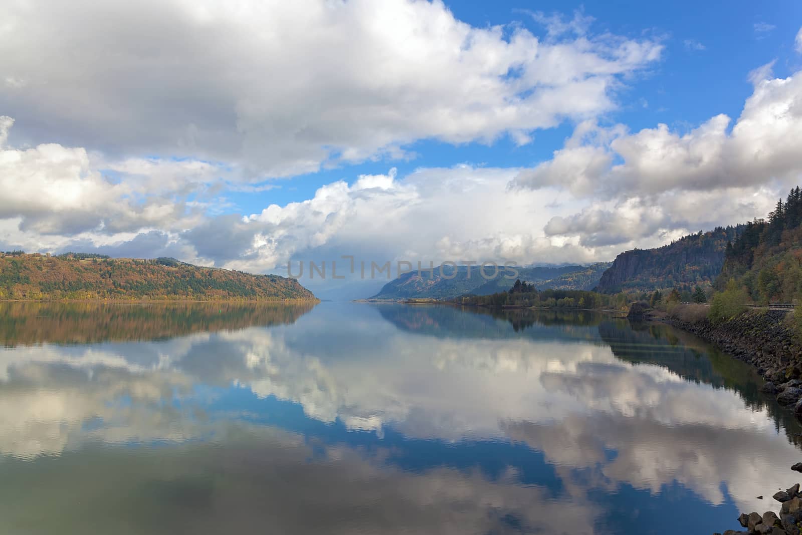 Reflection of Clouds on Columbia River Gorge in Oregon