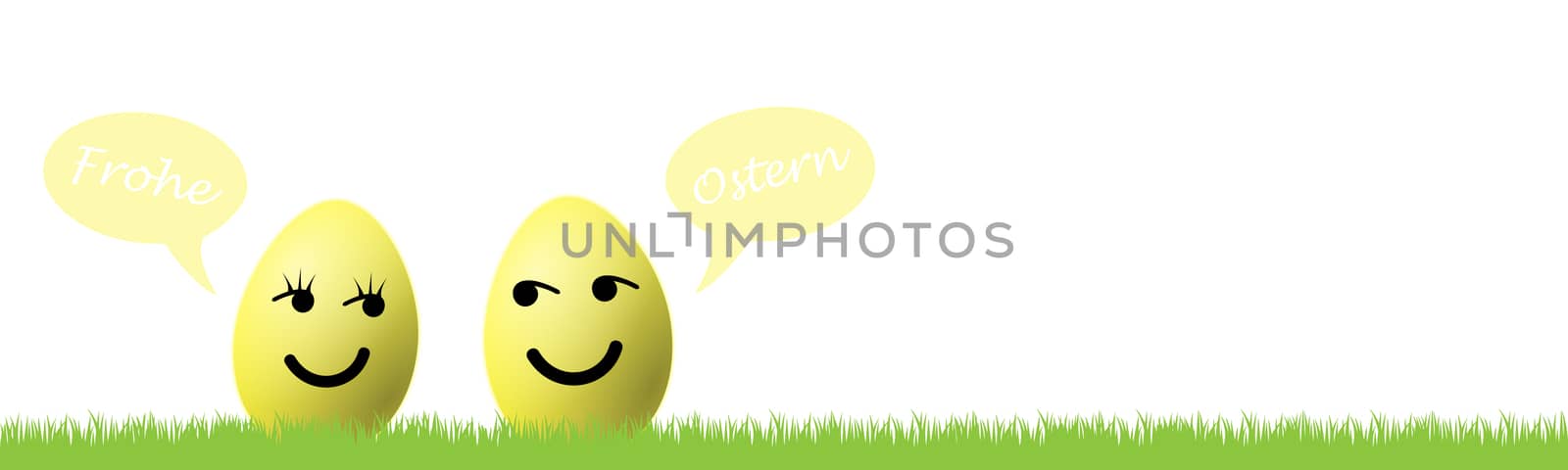 Grass and two easter eggs and speech bubble with the german words for happy easter