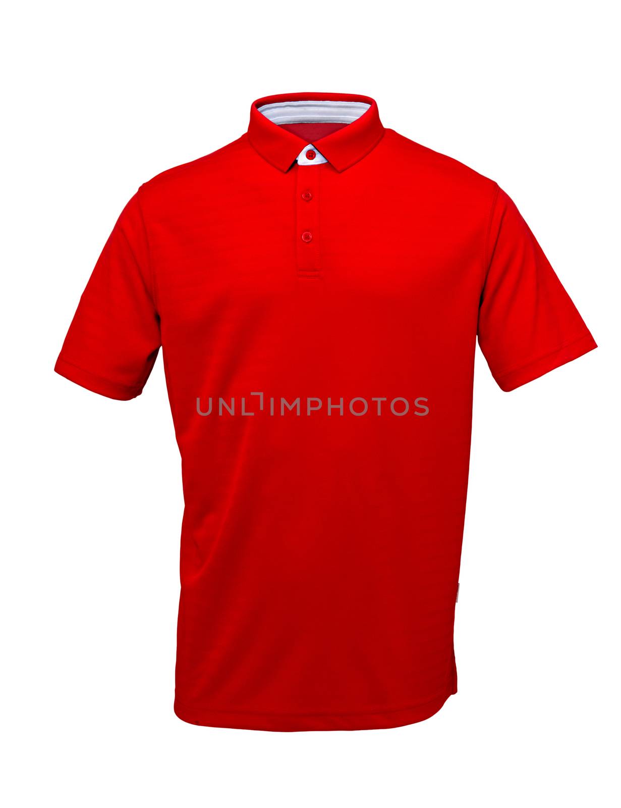 Red golf tee shirt with  with white collar  on white background