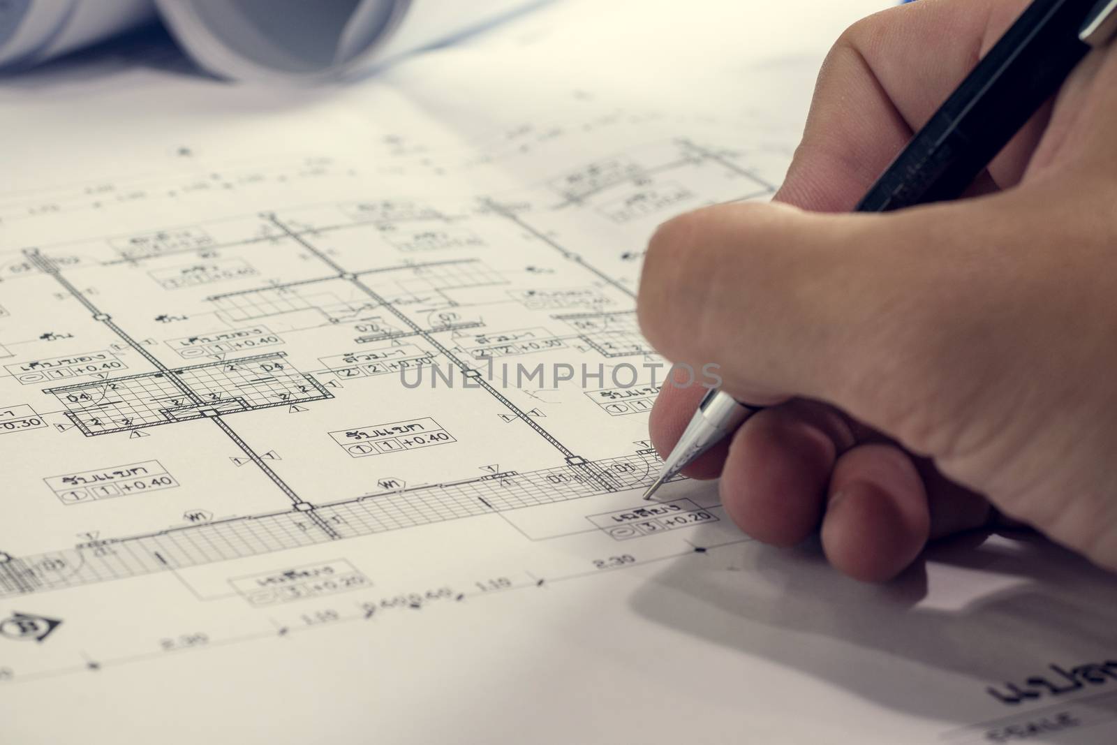 Engineering diagram blueprint paper drafting project sketch architectural,selective focus