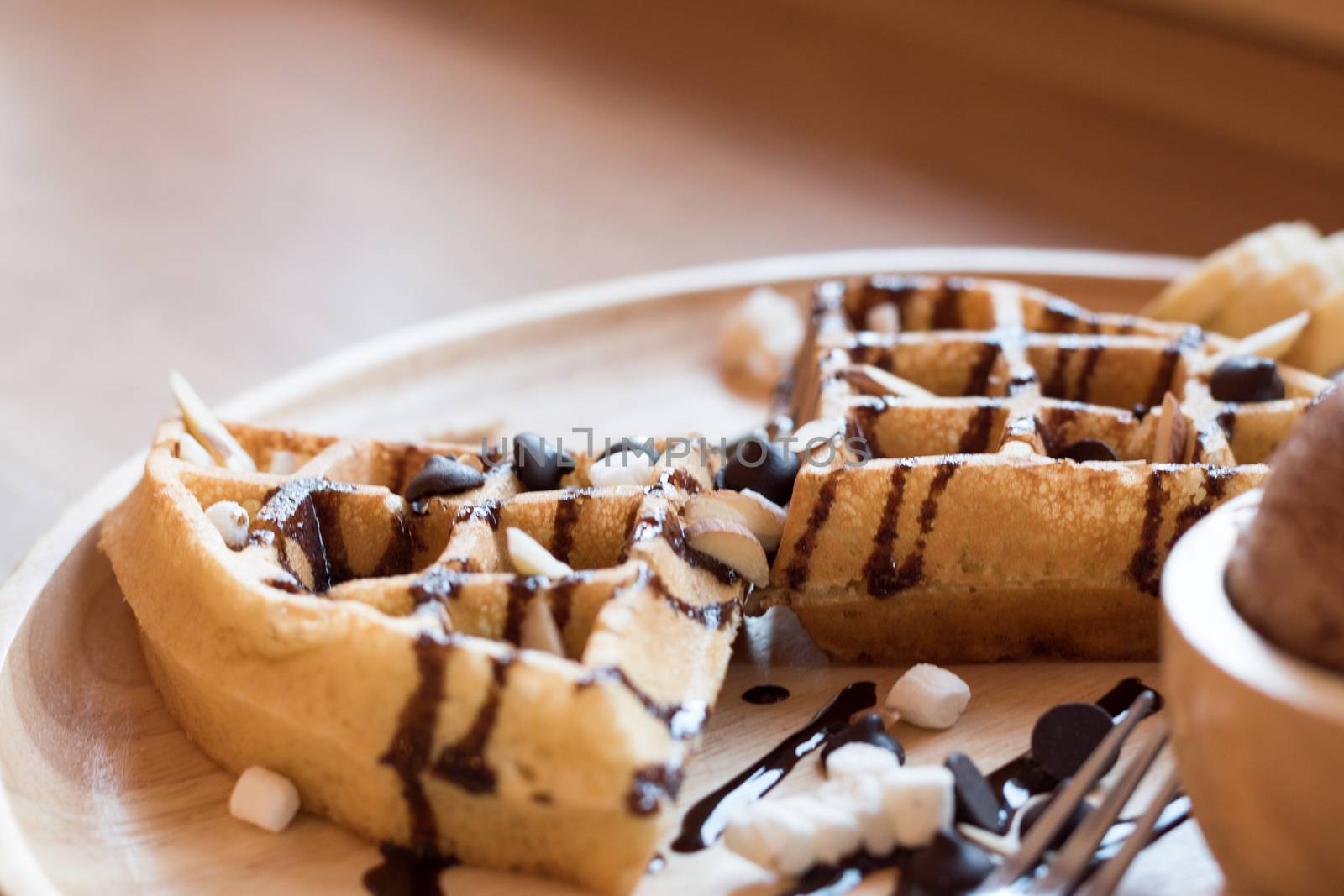 Belgian waffles with fruit and chocolate, forest fruit, all home by dfrsce