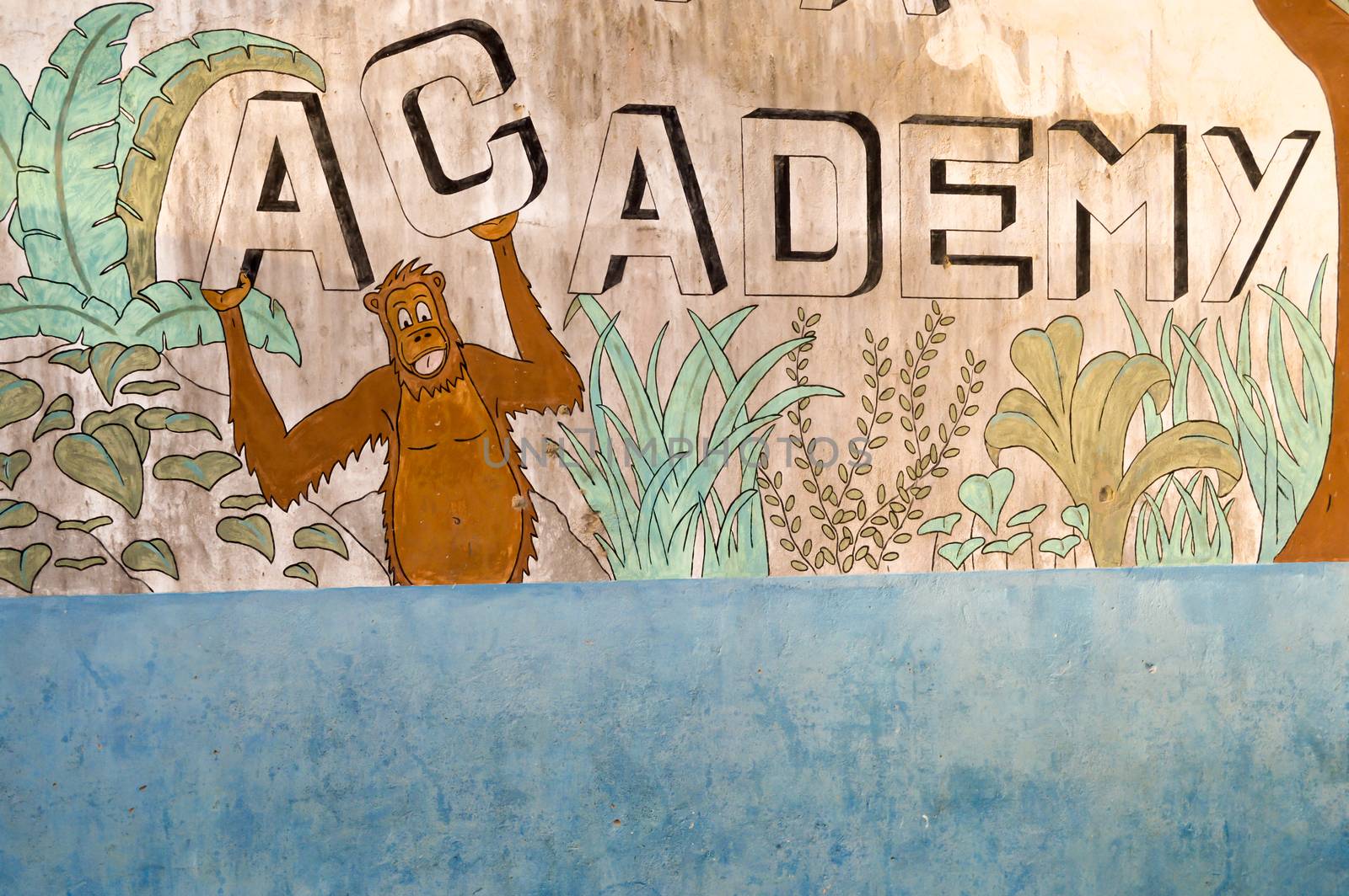 Painting on the wall of a school with the word academy and an Oran outan under the letter C