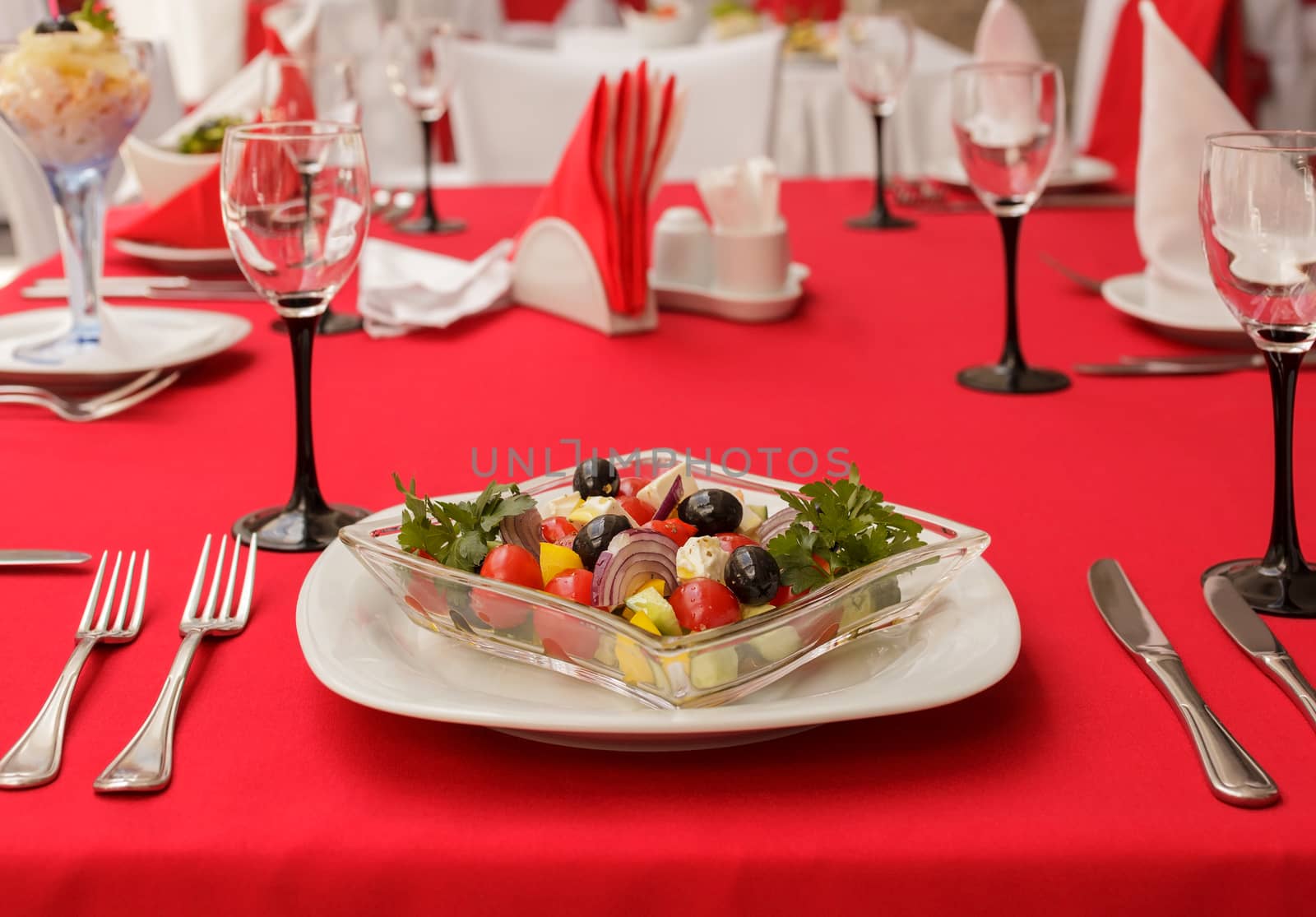 Salad of fresh vegetables, served on the table. Style tricolor - red, white, black.