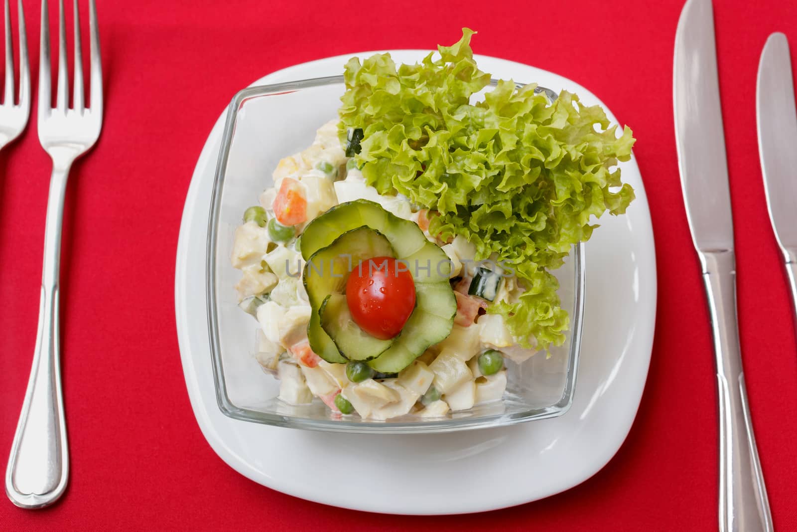 Salad with crab meat, corn and fresh vegetables. View from above