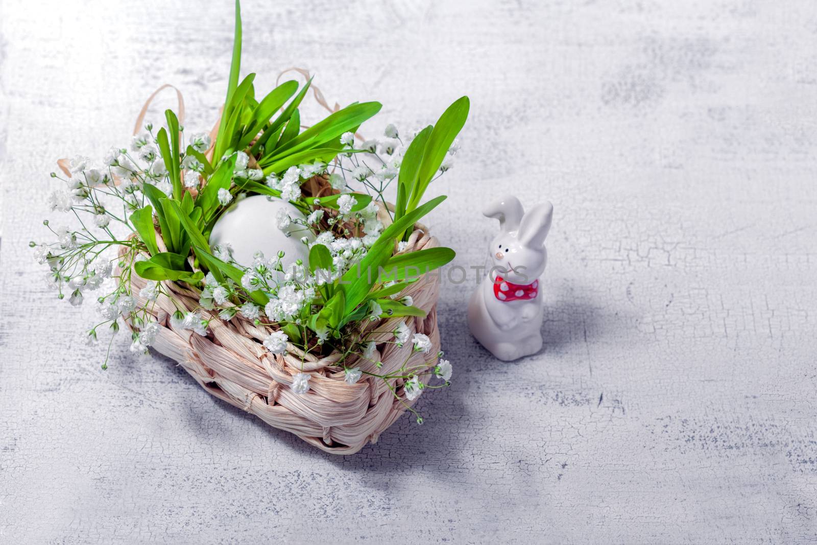 Bunny, eggs and white flowers Easter symbols by supercat67