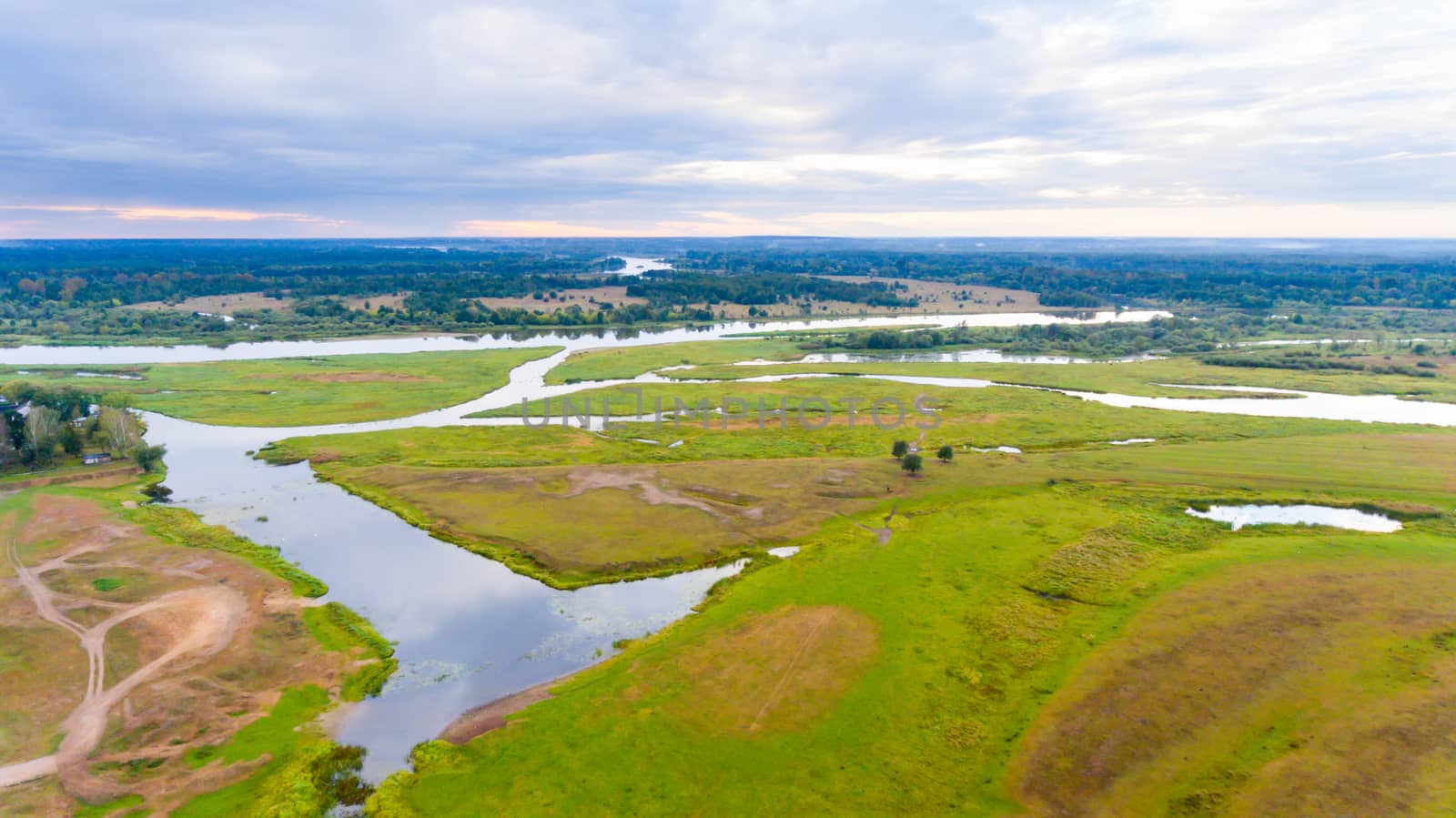 Drone aerial view landscape with lake and river photography