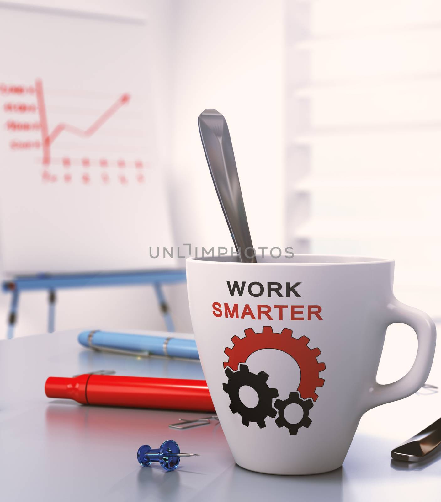 Workplace with flipchart and a mug where it is written work smarter, 3D illustration.