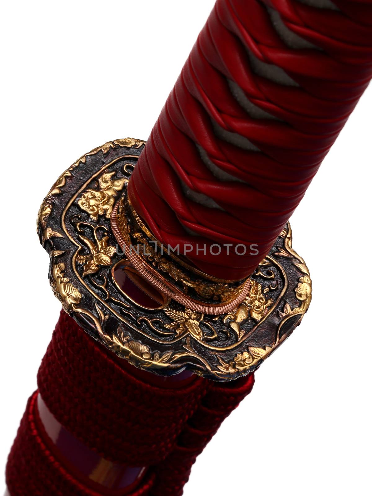 Tsuba : hand guard of Japanese sword with white background