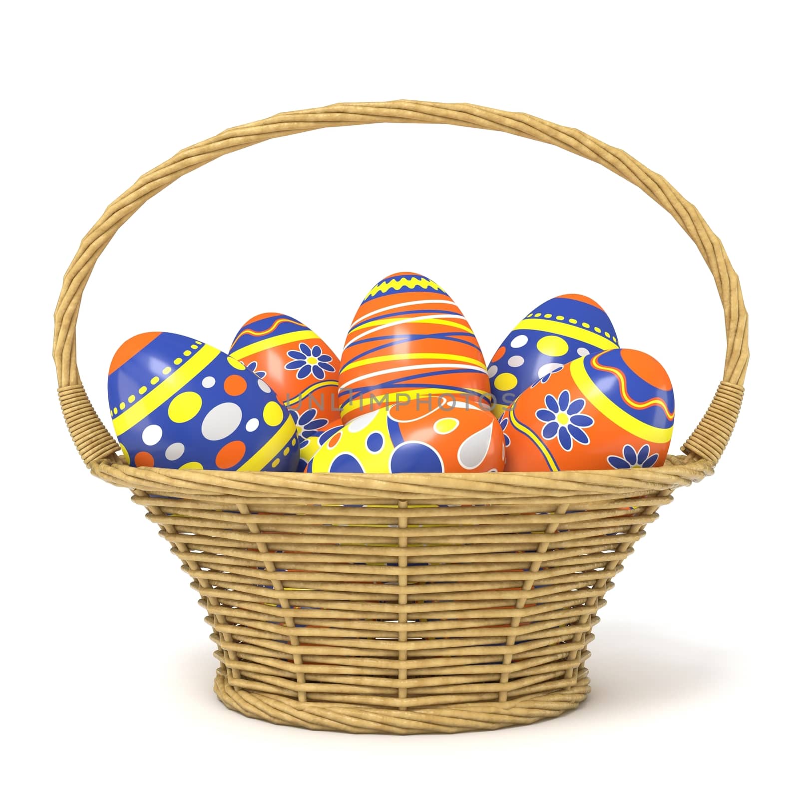 Easter basket full of decorated eggs. 3D render illustration isolated on white background