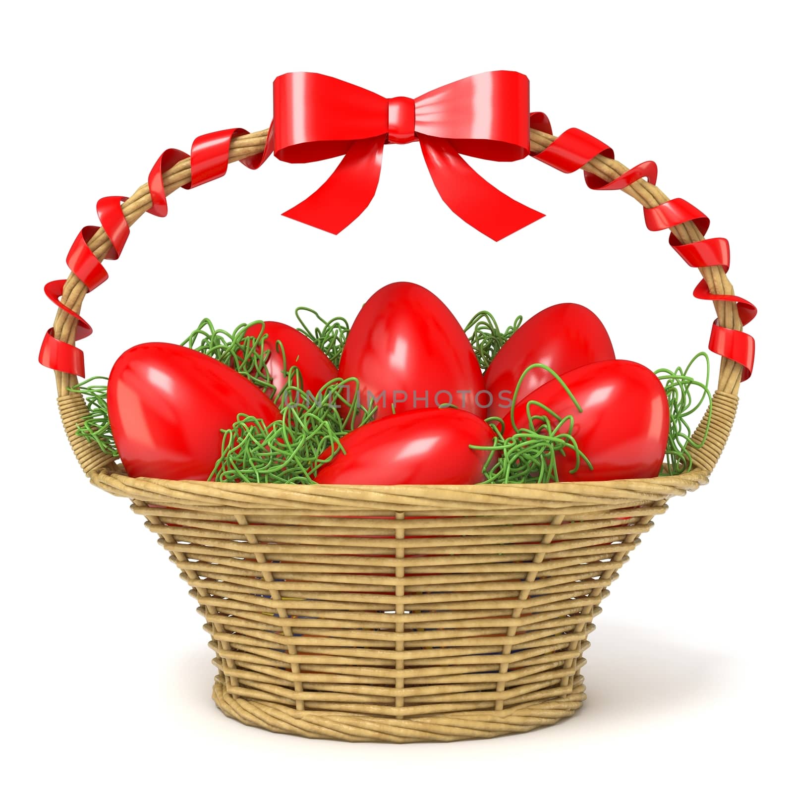 Easter basket full of red eggs with red ribbon bow. 3D render illustration isolated on white background