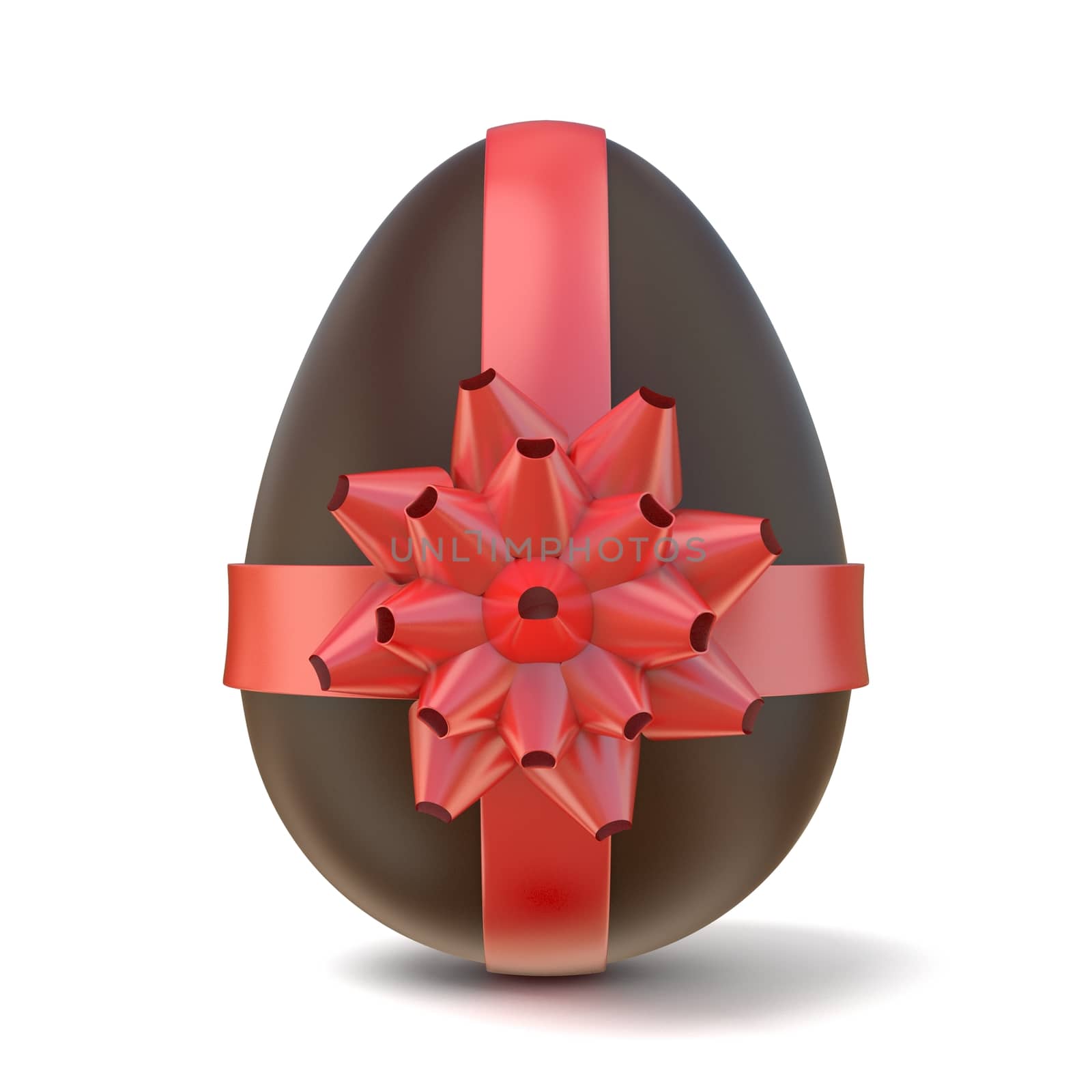 Chocolate Easter egg with red ribbon. 3D render illustration isolated on white background