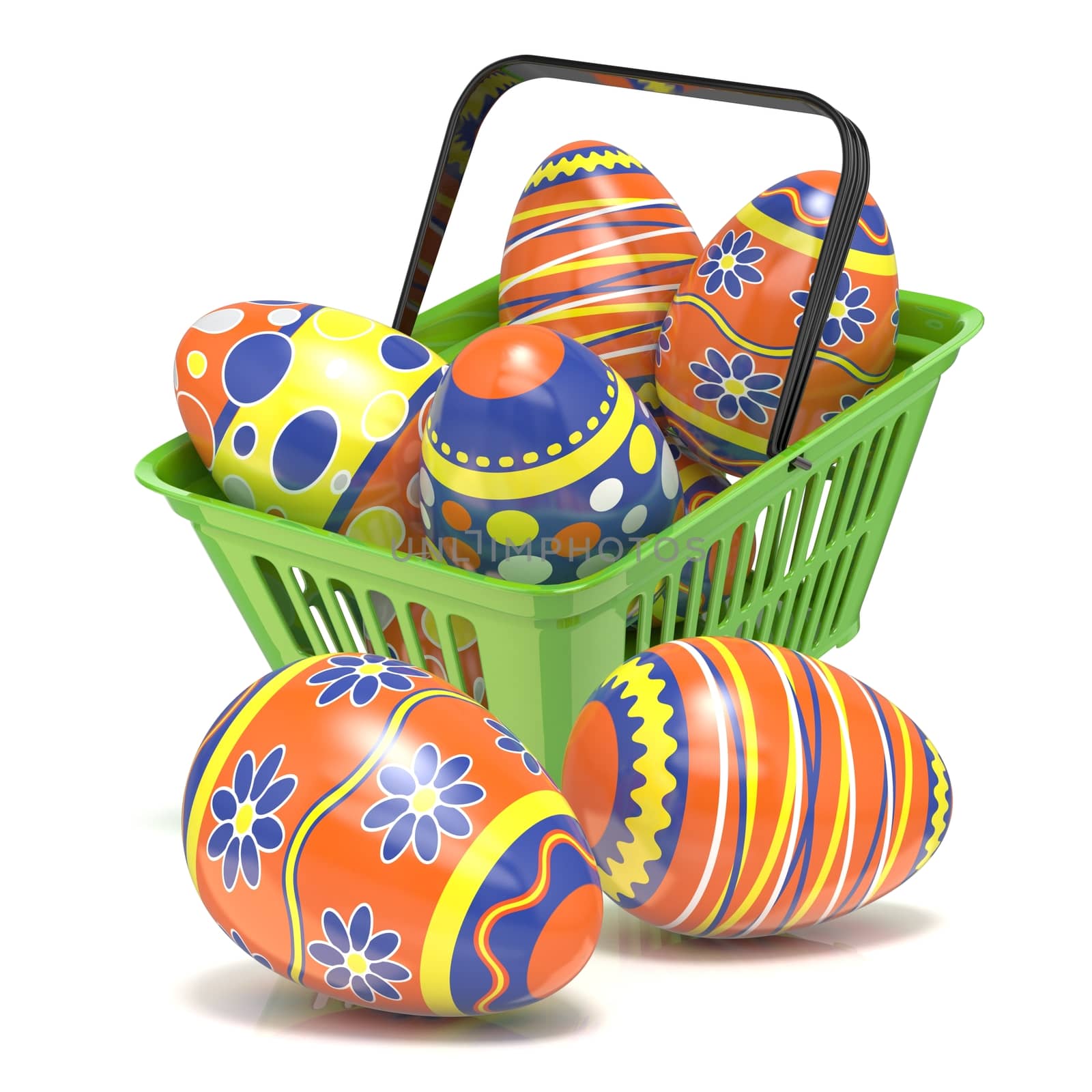 Easter eggs in green shopping basket. 3D render illustration isolated on white background