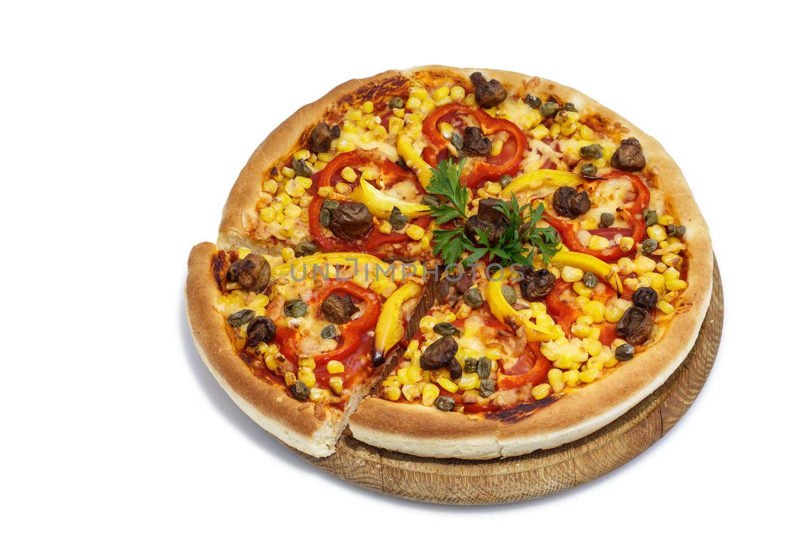 Pizza with corn, mushrooms and sweet pepper on a round wooden board. View from above