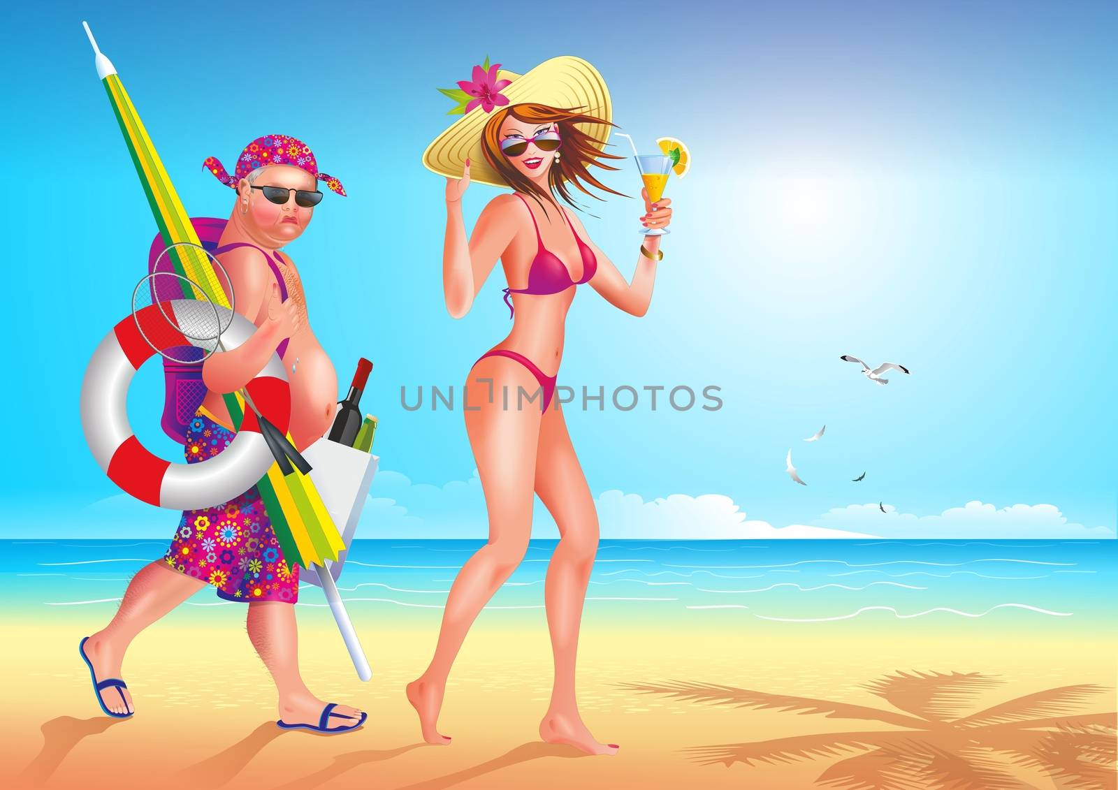 Funny Comic Marriage Situation Concept Illustration. Wife and Her Sherpa Husband on the Vacation.
