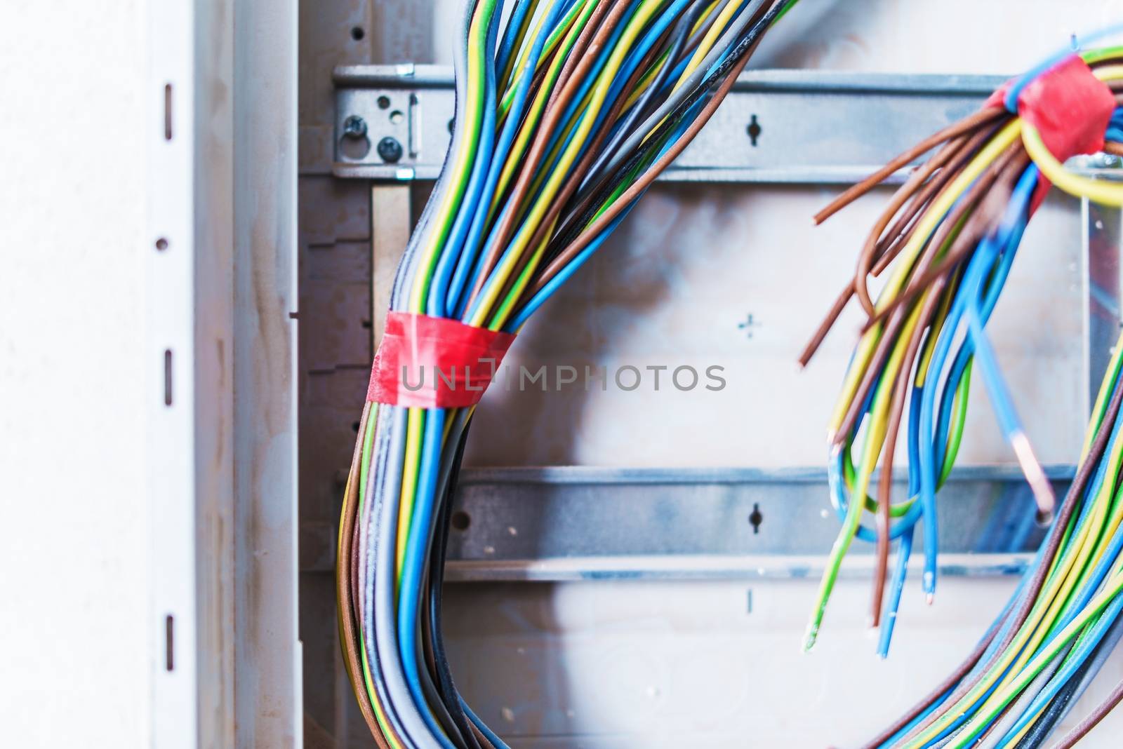 Unfinished Electric Box with Cables. Electric Works Concept Photo.