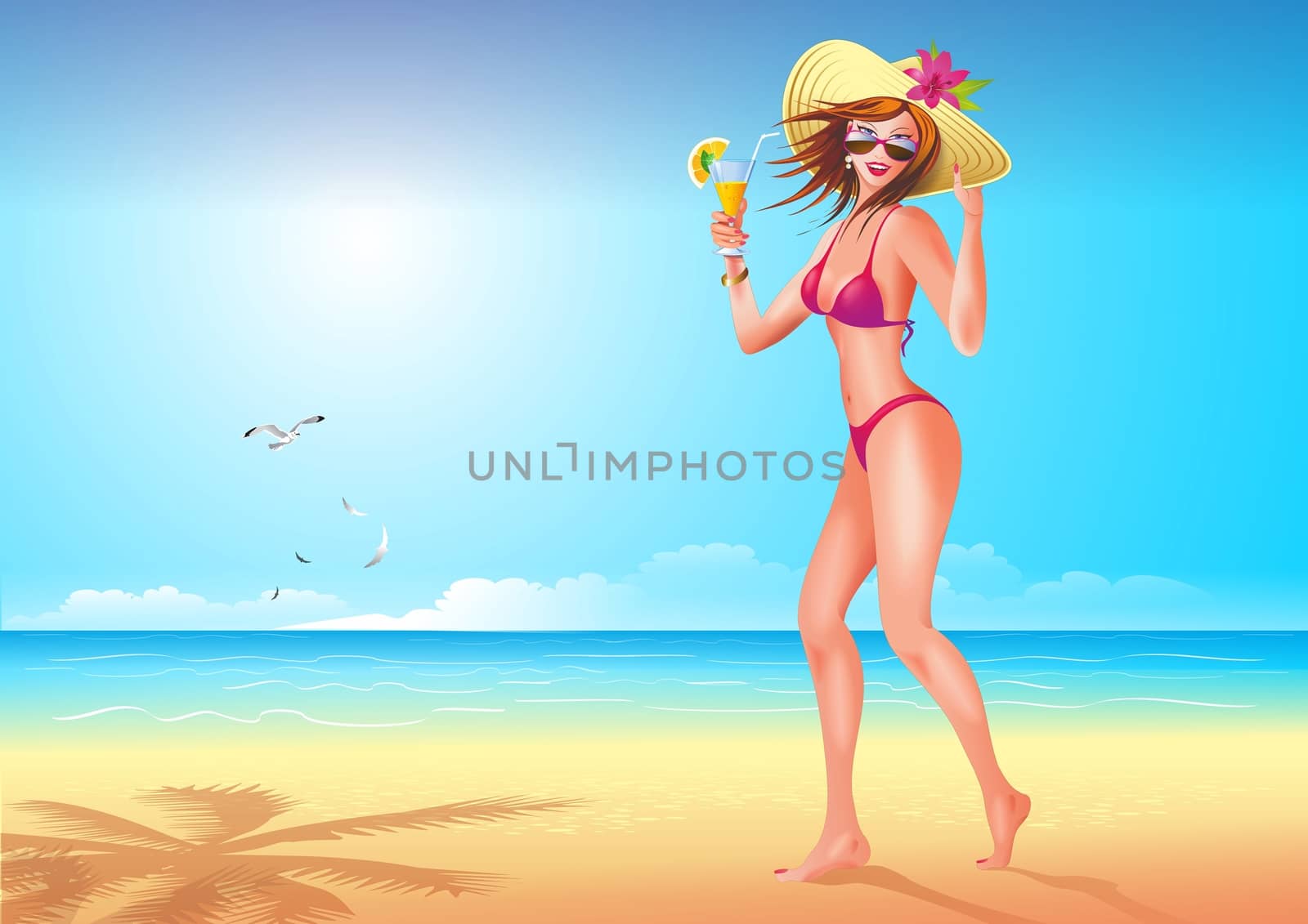 Girl on the Beach Illustration. Happy Girl with Drink Walking Along the Ocean.