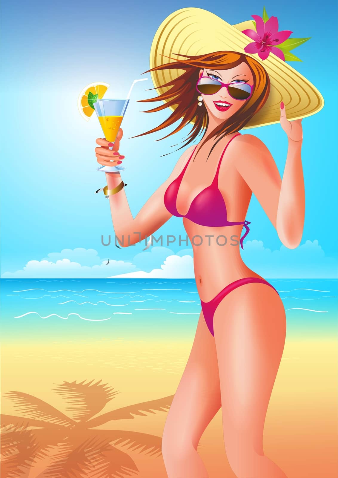 Girl with Drink in a Hand on the Sandy Tropical Beach Illustration.