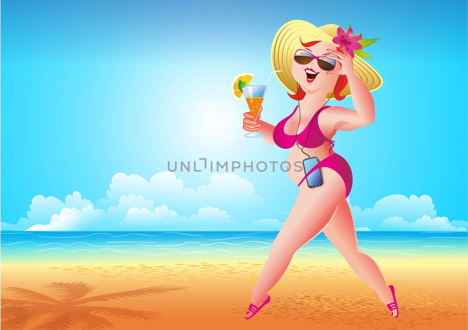 Happy Woman on the Beach Walking and Listening Music From Her Mobile Device.
