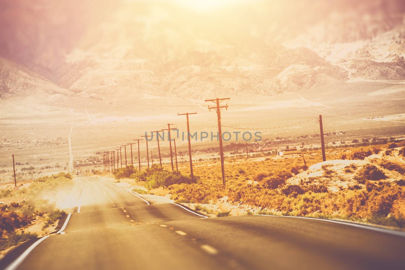Desert Road in Southern California During Hot Summer Day. California Countryside.