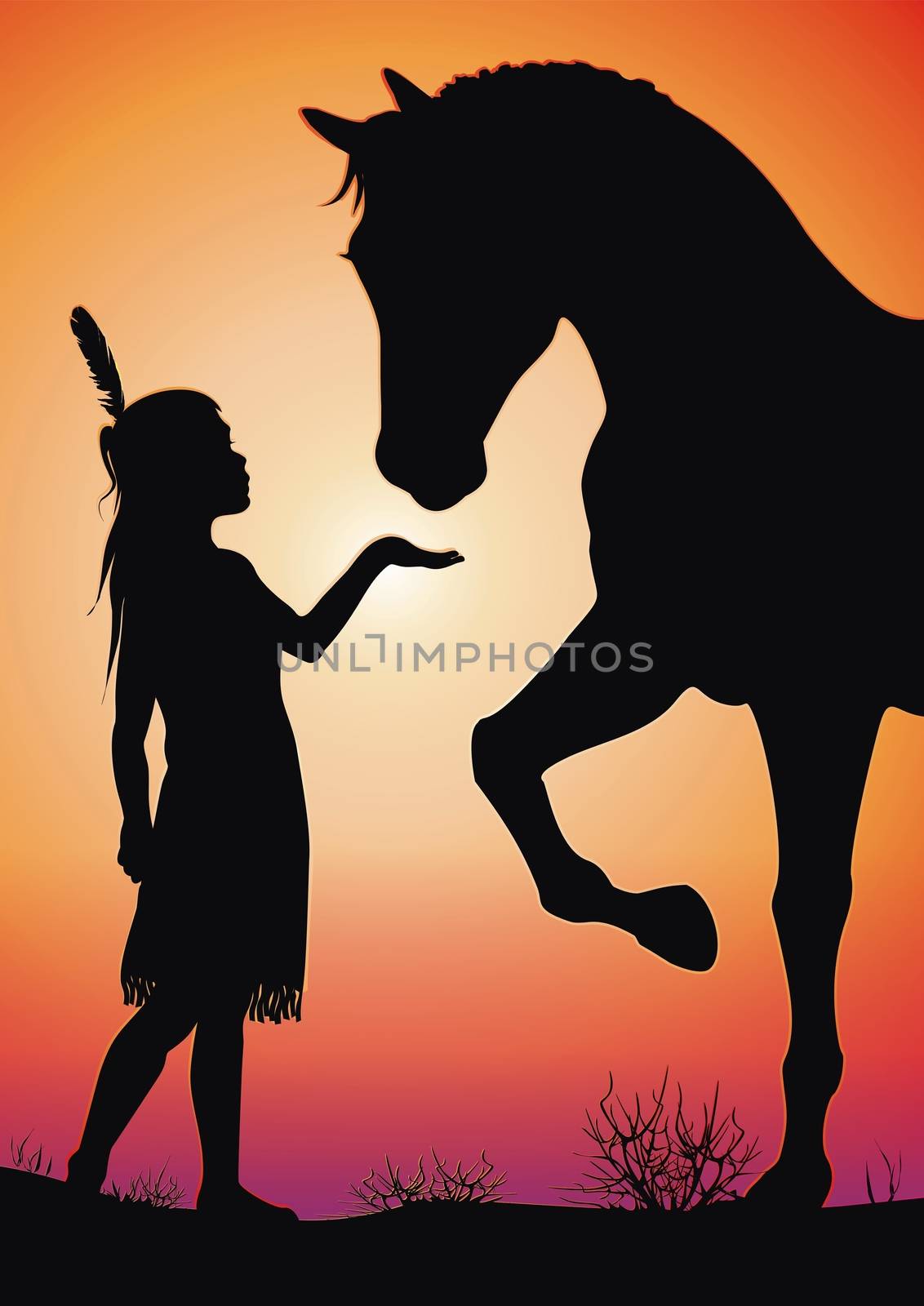 Magical Friendship with Animal. Little Native American Girl and the Wild Horse Illustration.