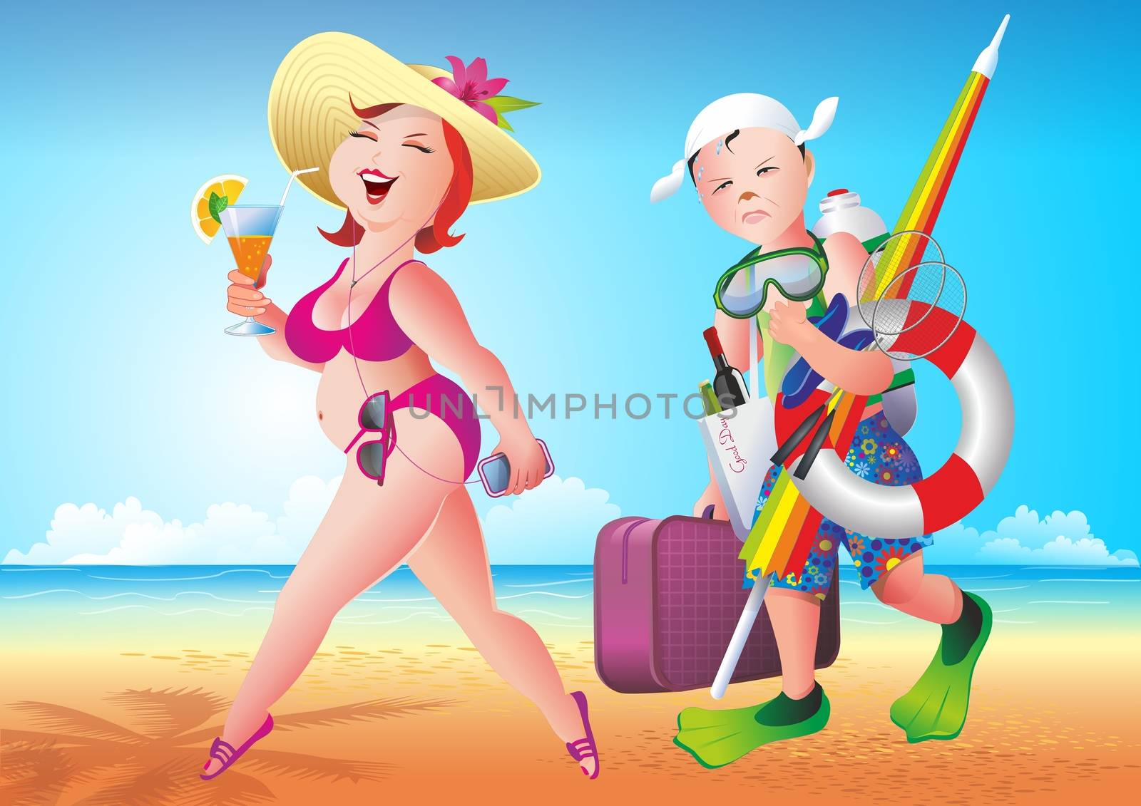 Married Couples on the Beach. Happy Wife and Not So Happy Husband with All Beach Stuff in Hands. Marriage Comic Concept Illustration.