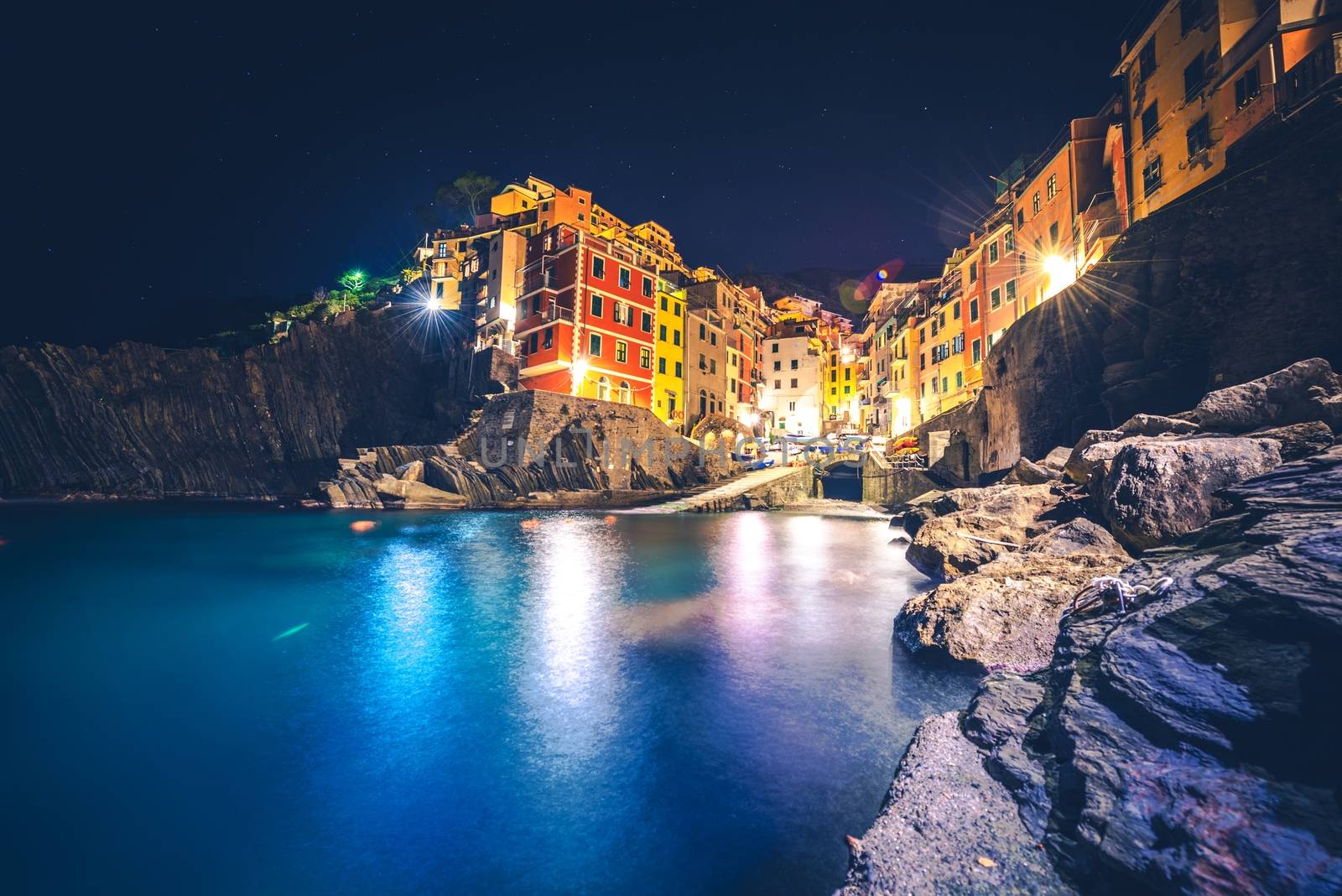 Riomaggiore Night Scene. Italian Riviera, Liguira, Italy. Italian Architecture at Night