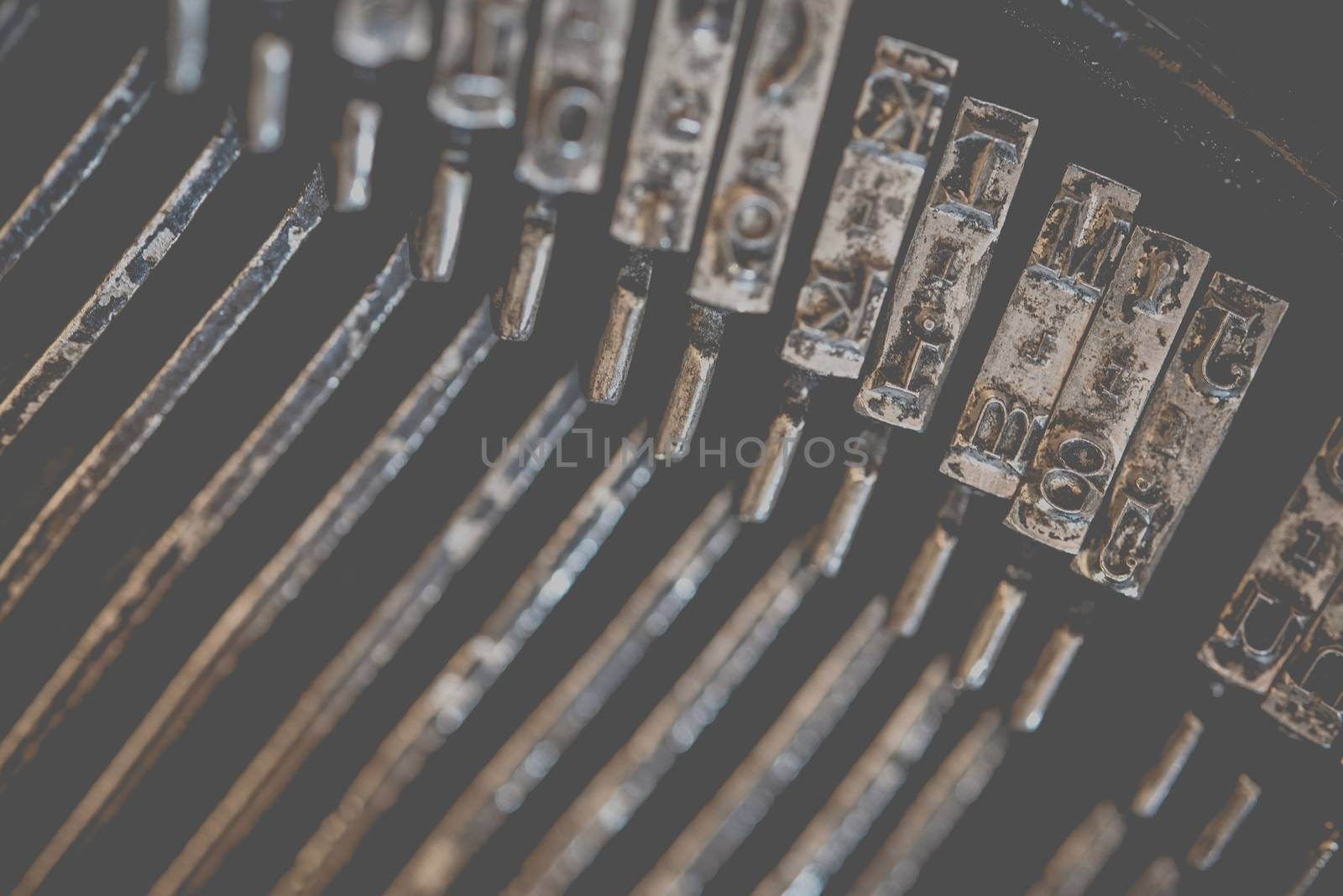Typewriter Metal Types Photo Background. Typing Elements Macro Photo.