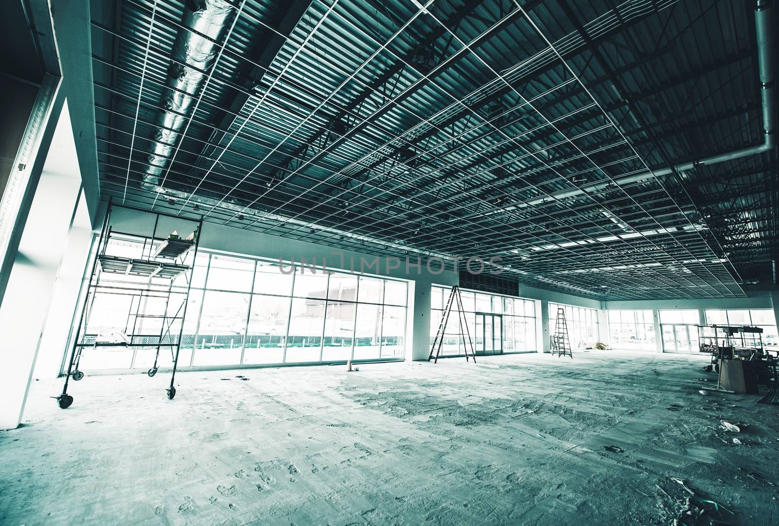 Warehouse Construction Site. Warehouse Interiors Under Construction. Commercial Remodeling.