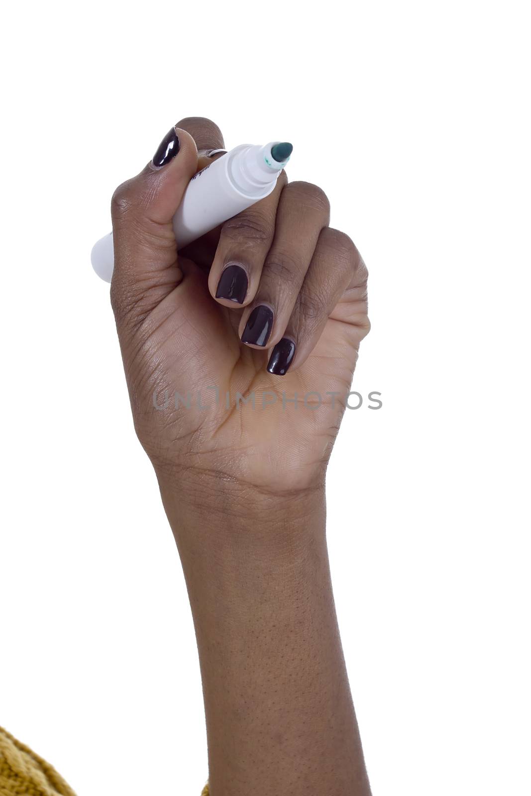 African american female hand with a pen on a white background