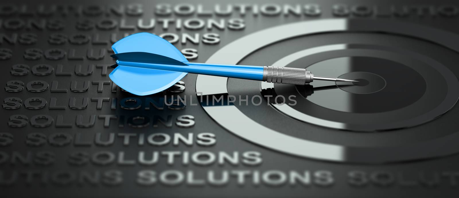 3D illustration of a dartboard and one blue dart over black background with the word solutions written many times and surrounding the target. Consulting or advice concept.