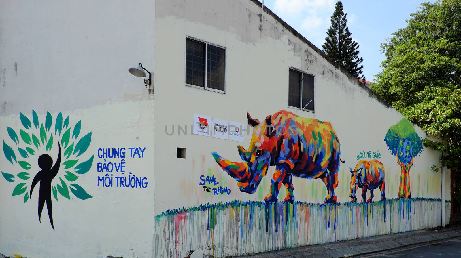 HO CHI MINH CITY, VIET NAM- MARCH 23, 2017: Propaganda campaign to Vietnamese don't use Rhino horn by graffiti art, Rhinoceros painting on wall, message people protect animal, meaningful street art