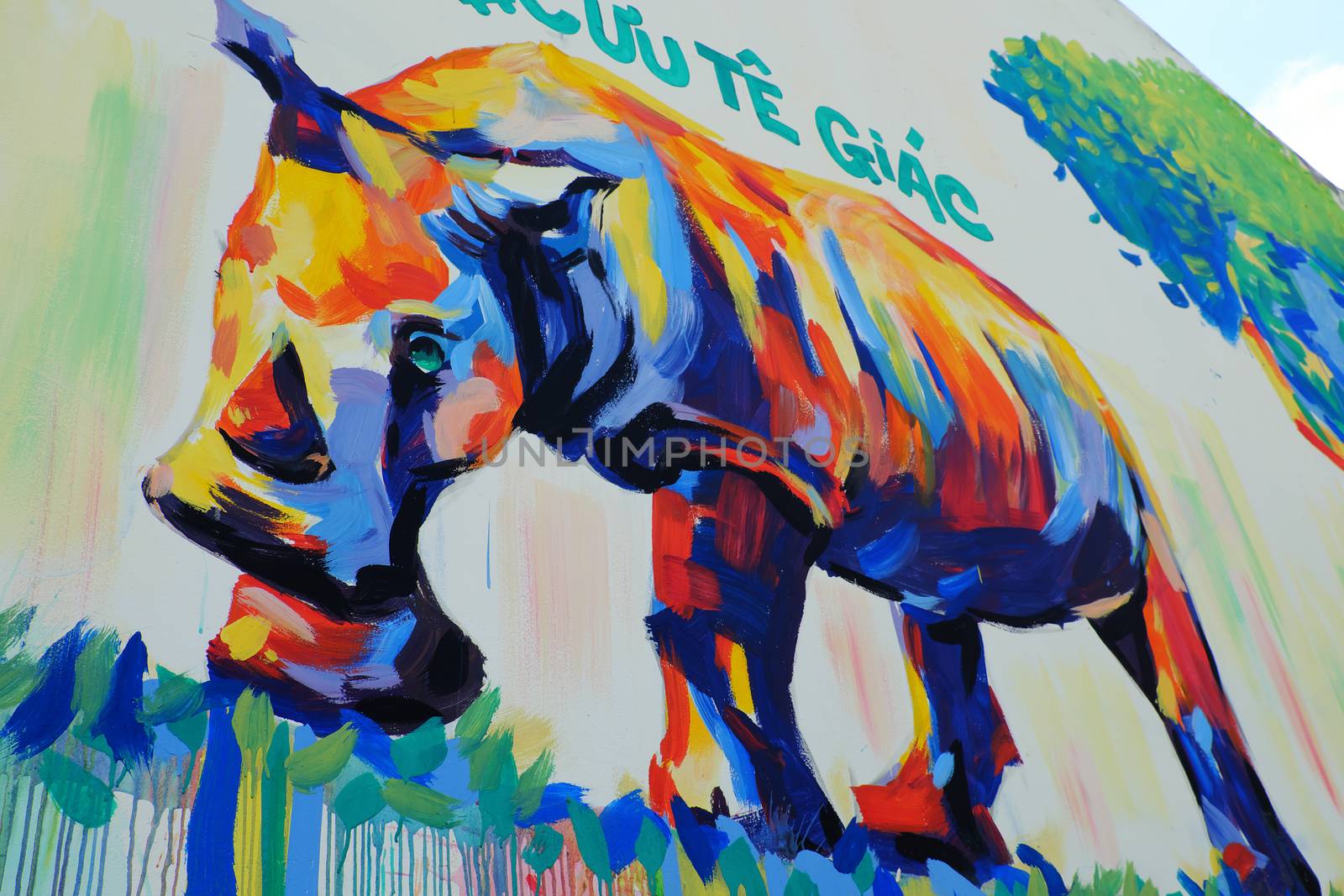 HO CHI MINH CITY, VIET NAM- MARCH 23, 2017: Propaganda campaign to Vietnamese don't use Rhino horn by graffiti art, Rhinoceros painting on wall, message people protect animal, meaningful street art