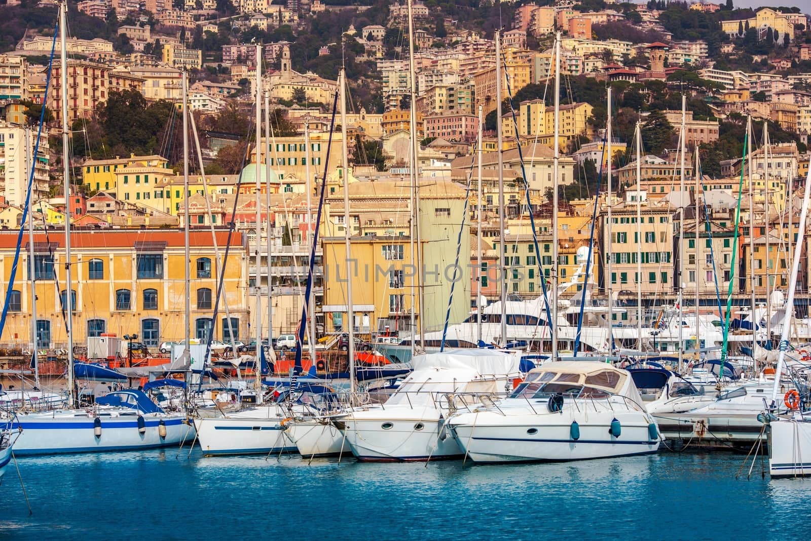Genoa Seaport Yachts and Cityscape. Genoa Capital of Liguria, Italy, Europe.