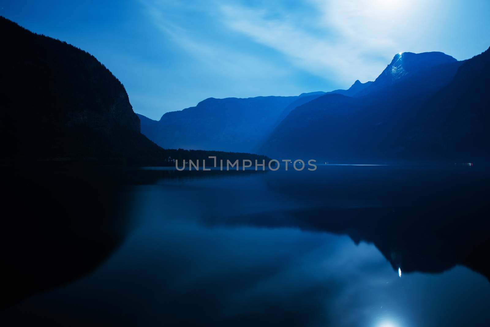 Hallstatter See, Hallstatt Austria, Europe. Hallstatter Lake Moon Reflections at Night.