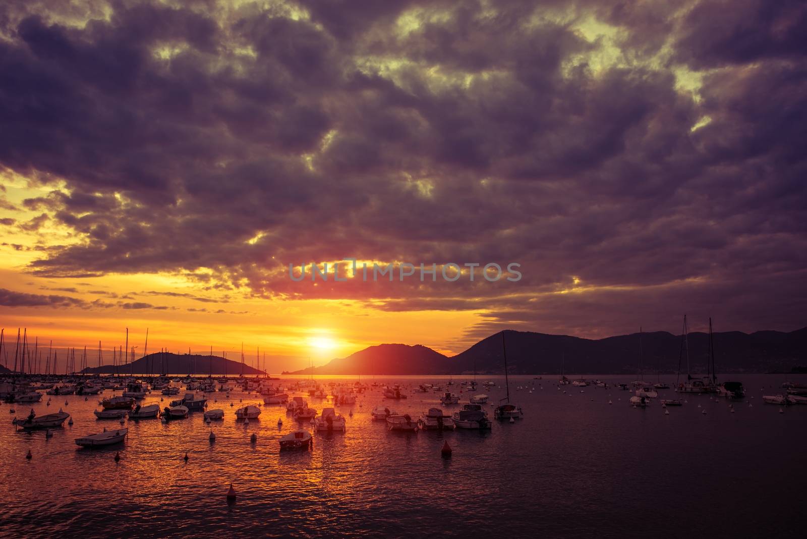 Lerici Italy Marina Sunset. Mediterranean Sea Italian Riviera. Province of La Spezia.