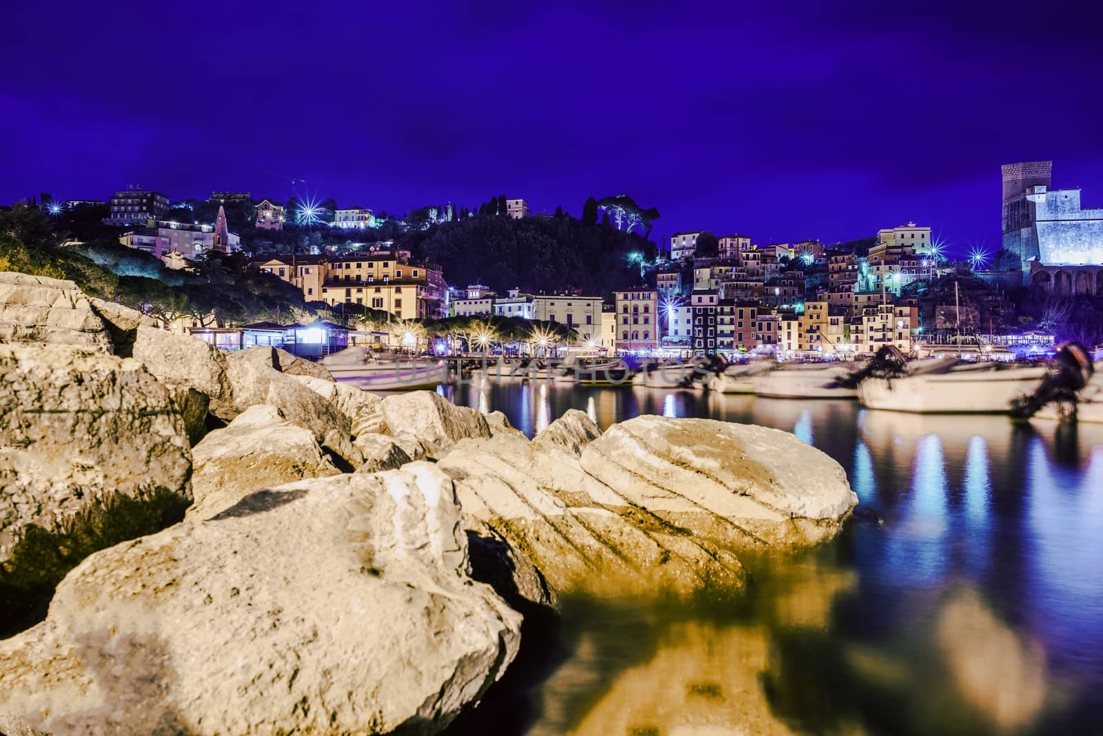 Lerici Marina at Night. Lerici Bay. Italian Riviera. Gulf of La Spezia, Liguria Italy.