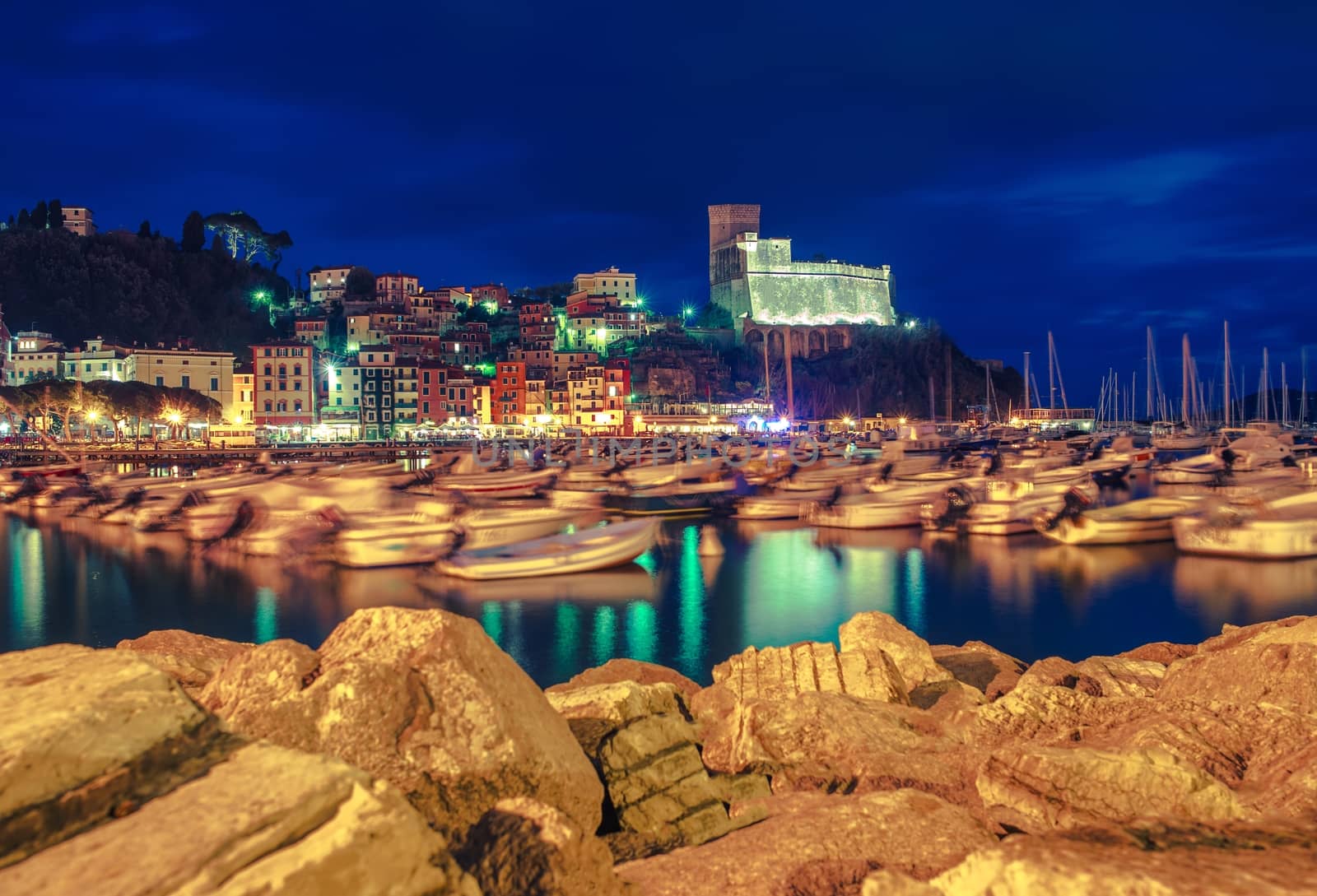 Famous Lerici Reflections. Town of Lerici Bay and the Marina. City Illumination at Night. Province of La Spezia in Italy.