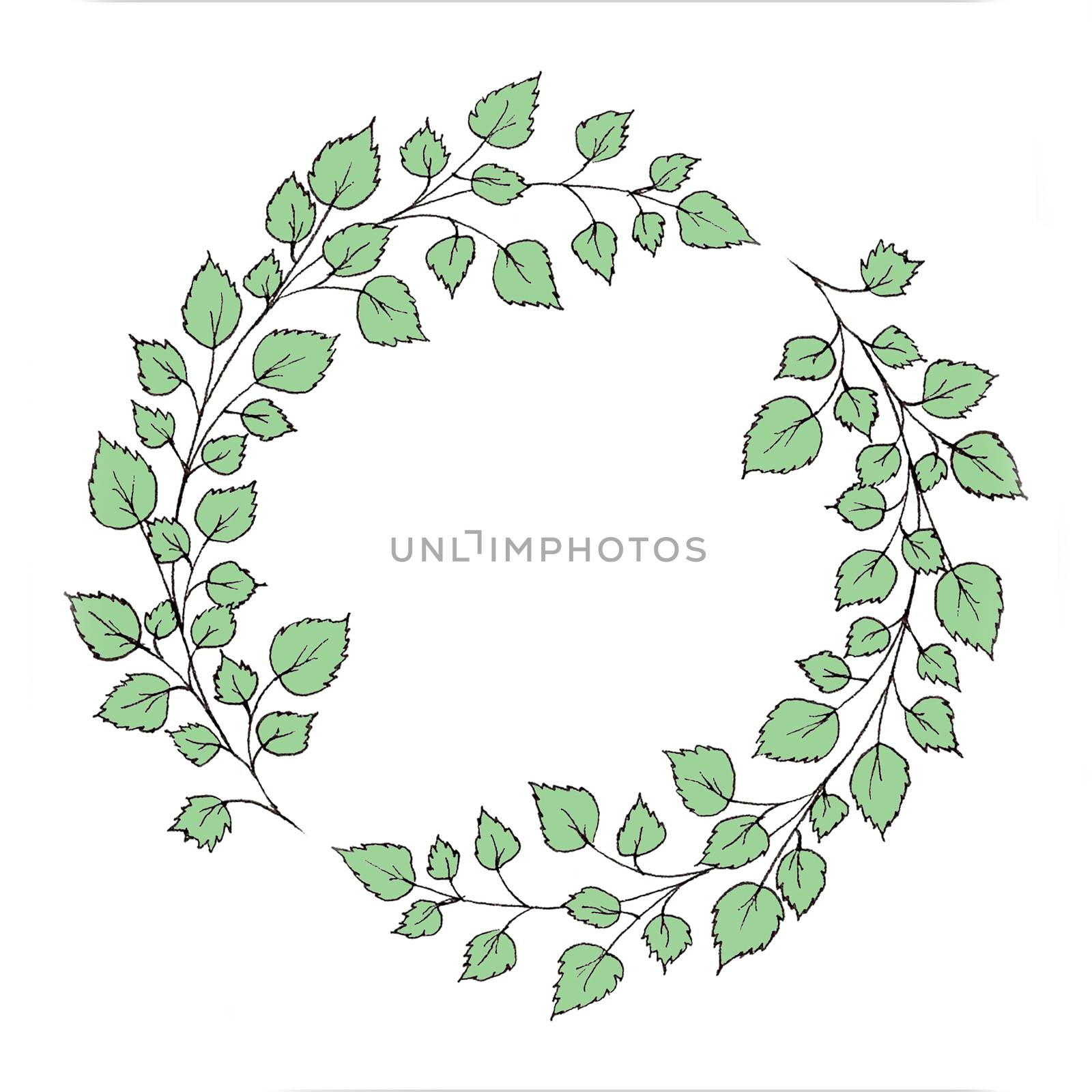 Watercolor wreath with green leaves and branches. Used for wedding invitation, greeting cards